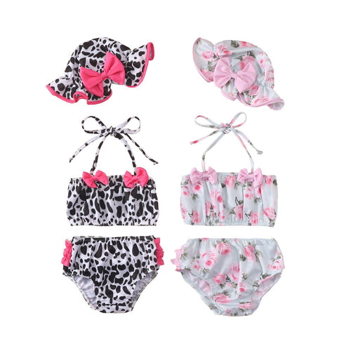 Summer girls flower leopard print swimsuit three-piece set